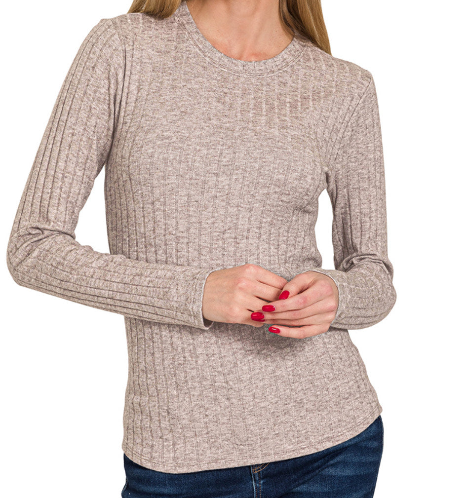 Juniper Ribbed Soft Long Sleeve Layering Top – Round Neck Basic