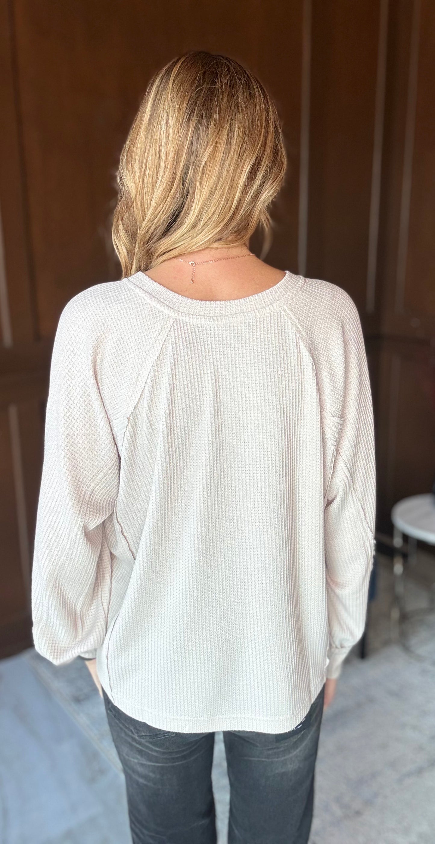 Regina Waffled Raglan Henley Long Sleeve Top