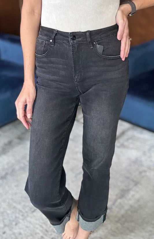 Rachelle High Rise Straight Cuff Jeans – Black Wash