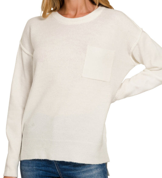 Gala Melange Hi-Low Hem Pocket Sweater β Cozy Round Neck Knit