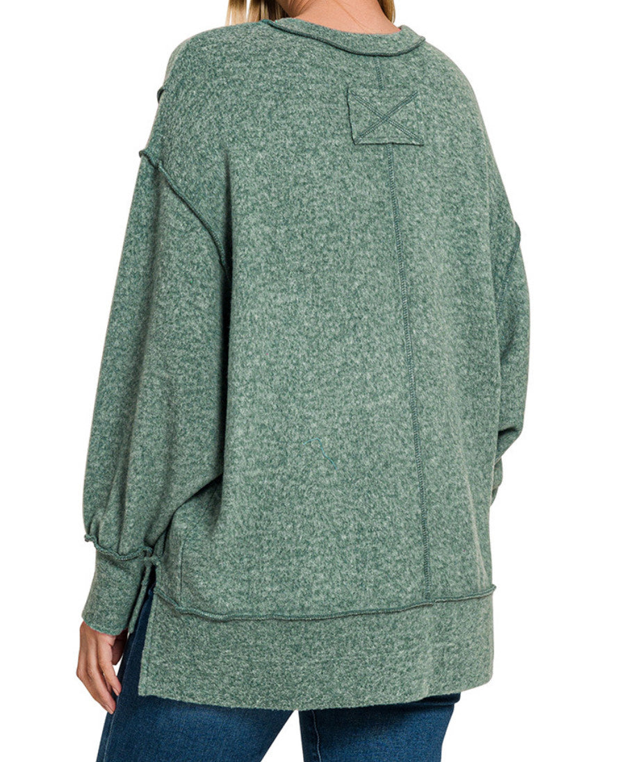 Anita Brushed Melange Hacci Oversized Sweater – Exposed Seam Hi-Low Hem