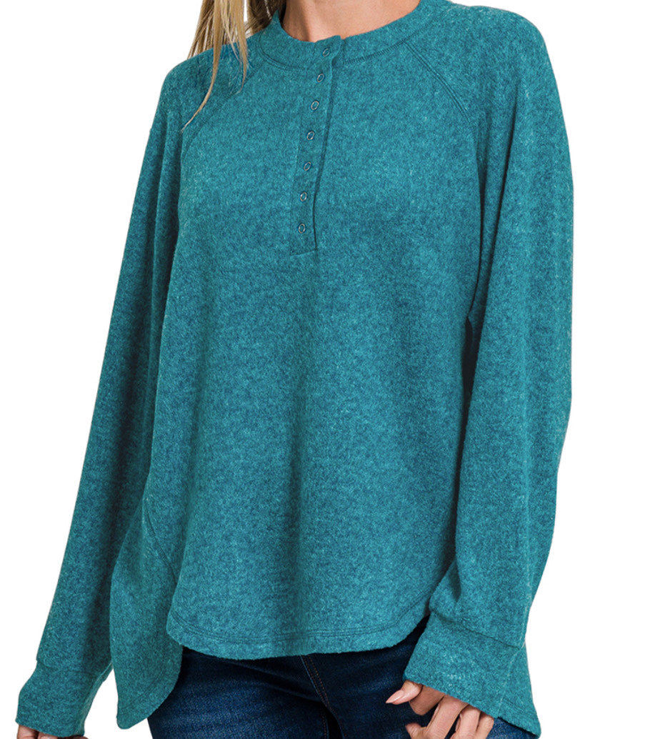 Maxine Brushed Mélange Hacci Oversized Henley Sweater – 7-Button Hi-Low Pullover