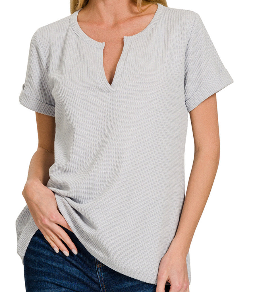 Jinx Mélange Baby Waffle Henley Short Sleeve Top – Casual Textured Tee