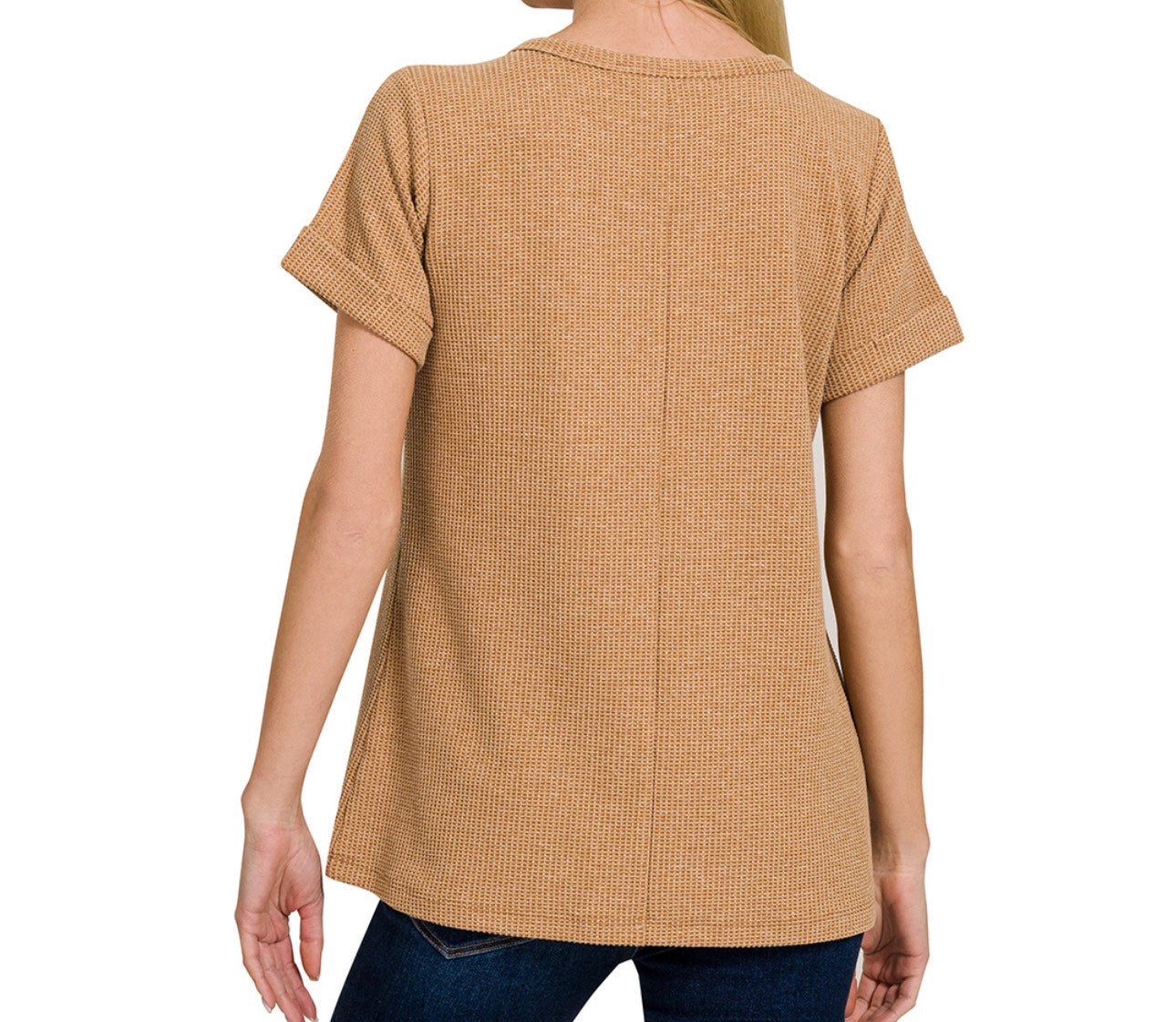 Jinx Mélange Baby Waffle Henley Short Sleeve Top – Casual Textured Tee