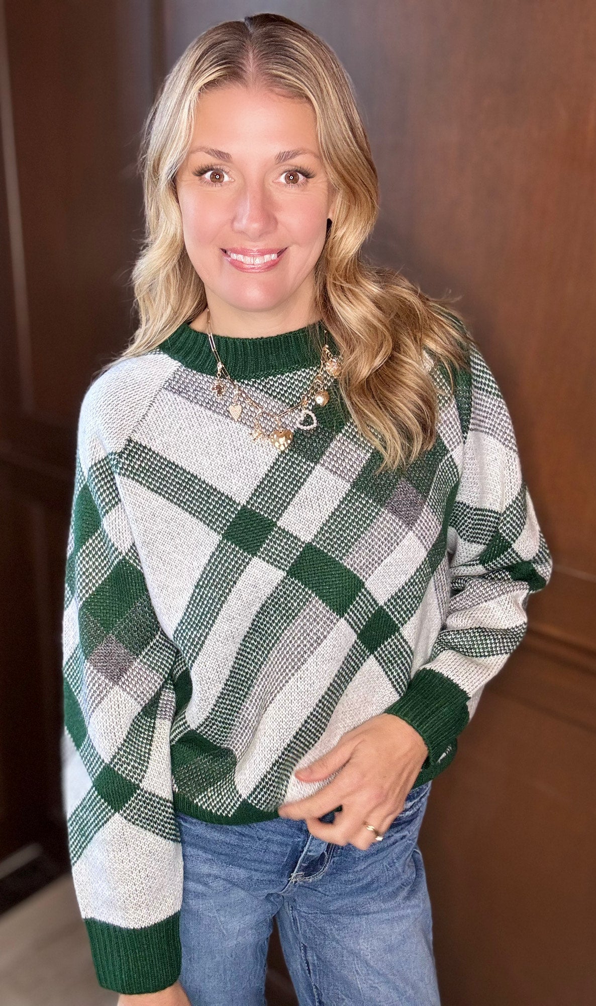 Salma Long Sleeve Jacquard Sweater Top – Green Patterned Knit