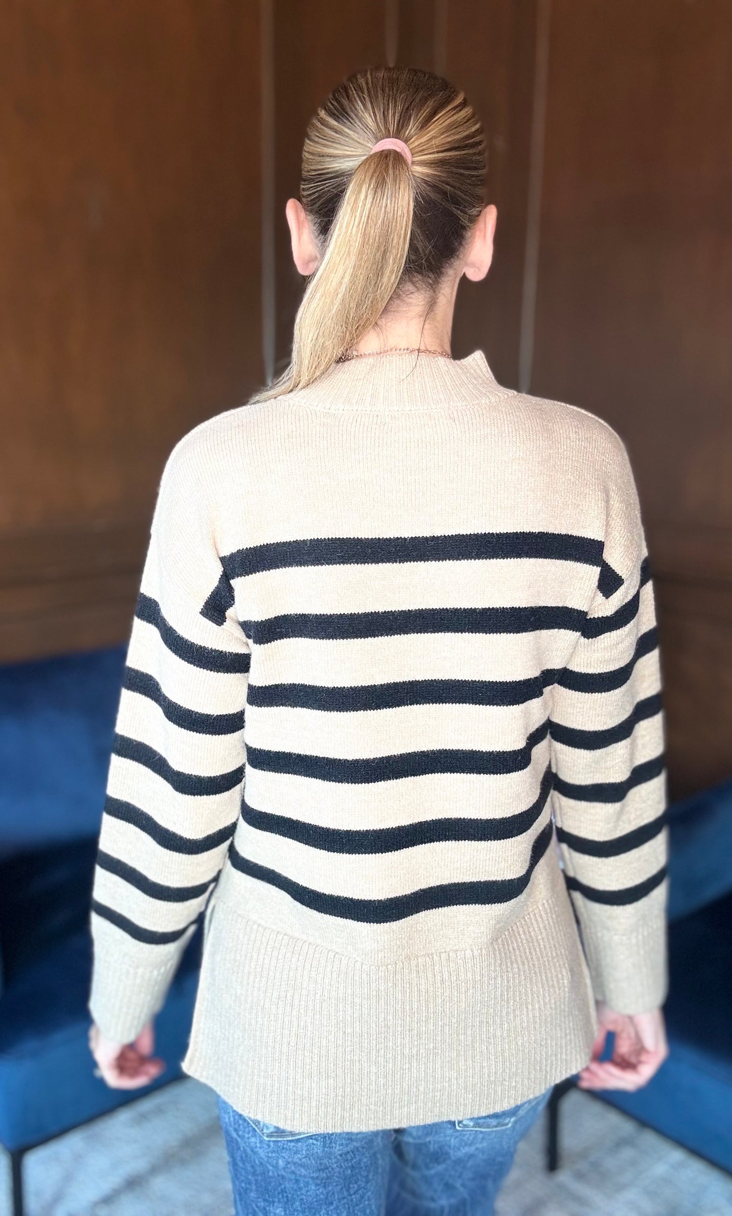 Gretchen Classic Striped Mock Neck Sweater – Camel & Black Knit