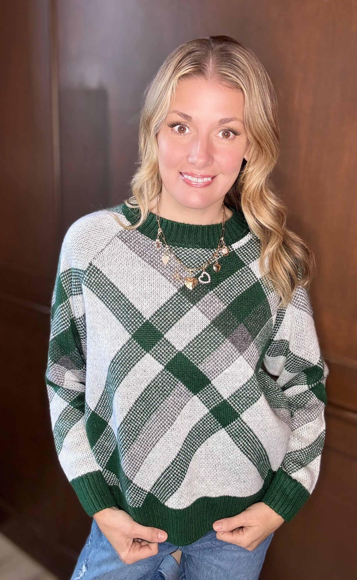 Salma Long Sleeve Jacquard Sweater Top – Green Patterned Knit
