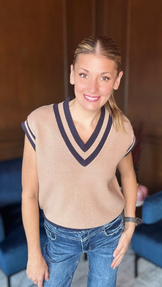 Phoebe Varsity V-Neck Sweater Vest β Chunky Knit