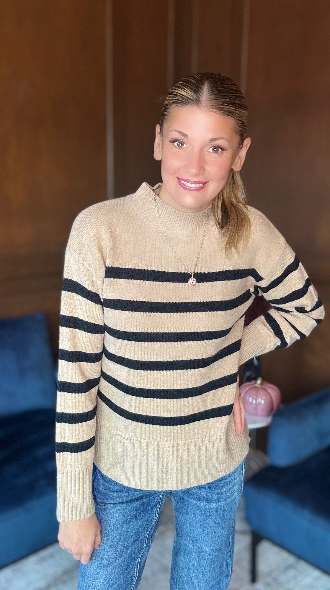 Gretchen Classic Striped Mock Neck Sweater – Camel & Black Knit