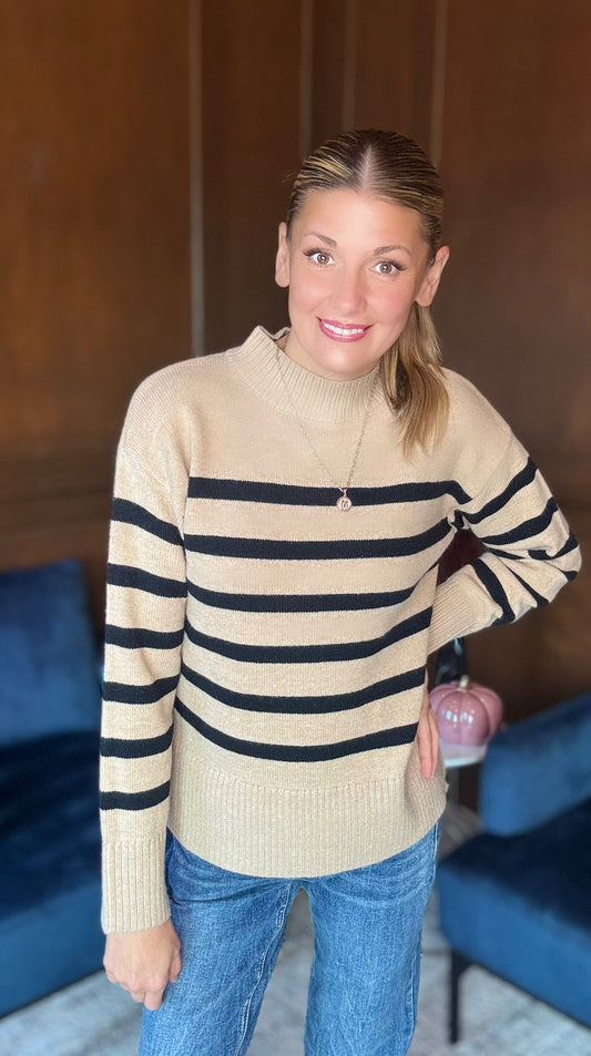 Gretchen Classic Striped Mock Neck Sweater – Camel & Black Knit