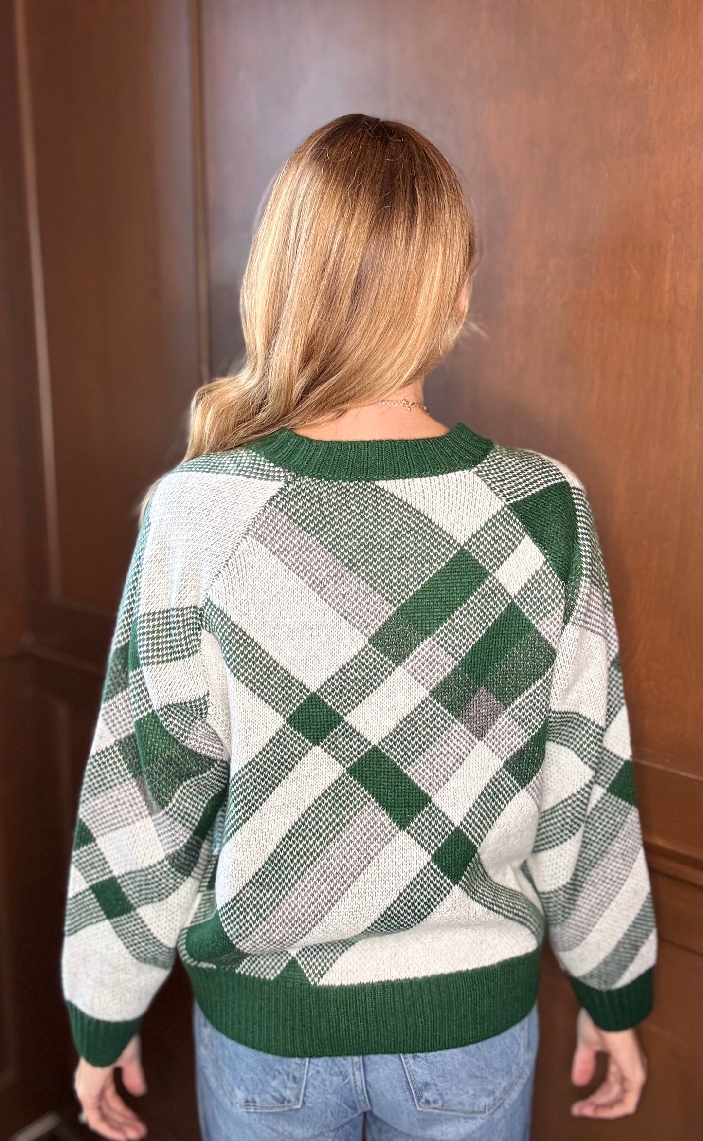 Salma Long Sleeve Jacquard Sweater Top – Green Patterned Knit