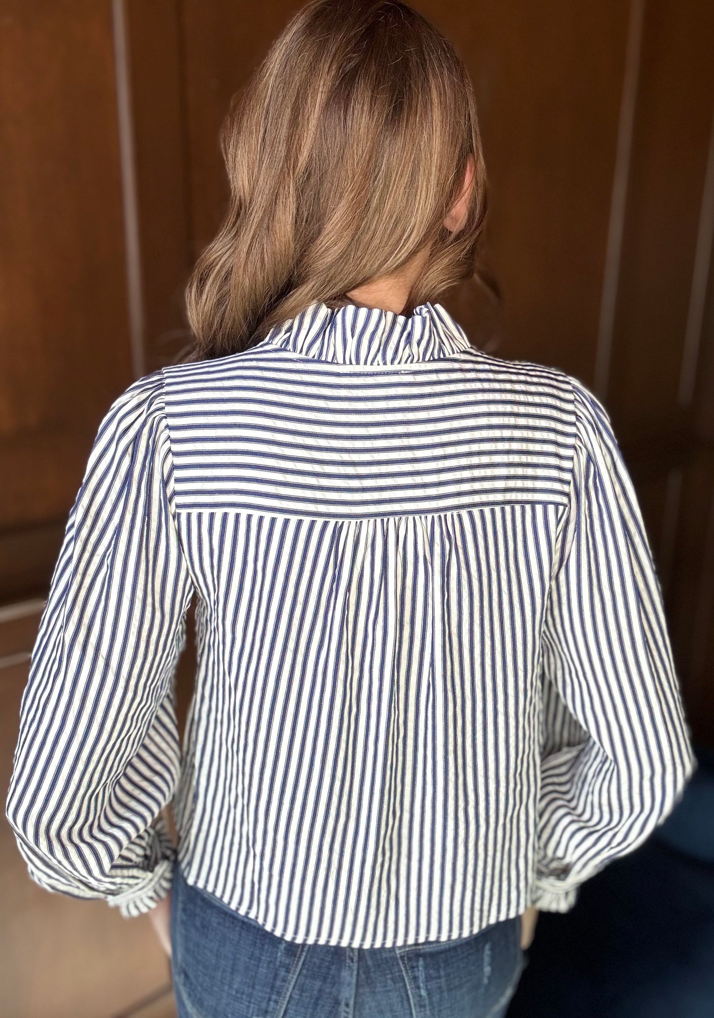 Halle Striped Ruffled Button Down Blouse | Long Sleeve Feminine Top