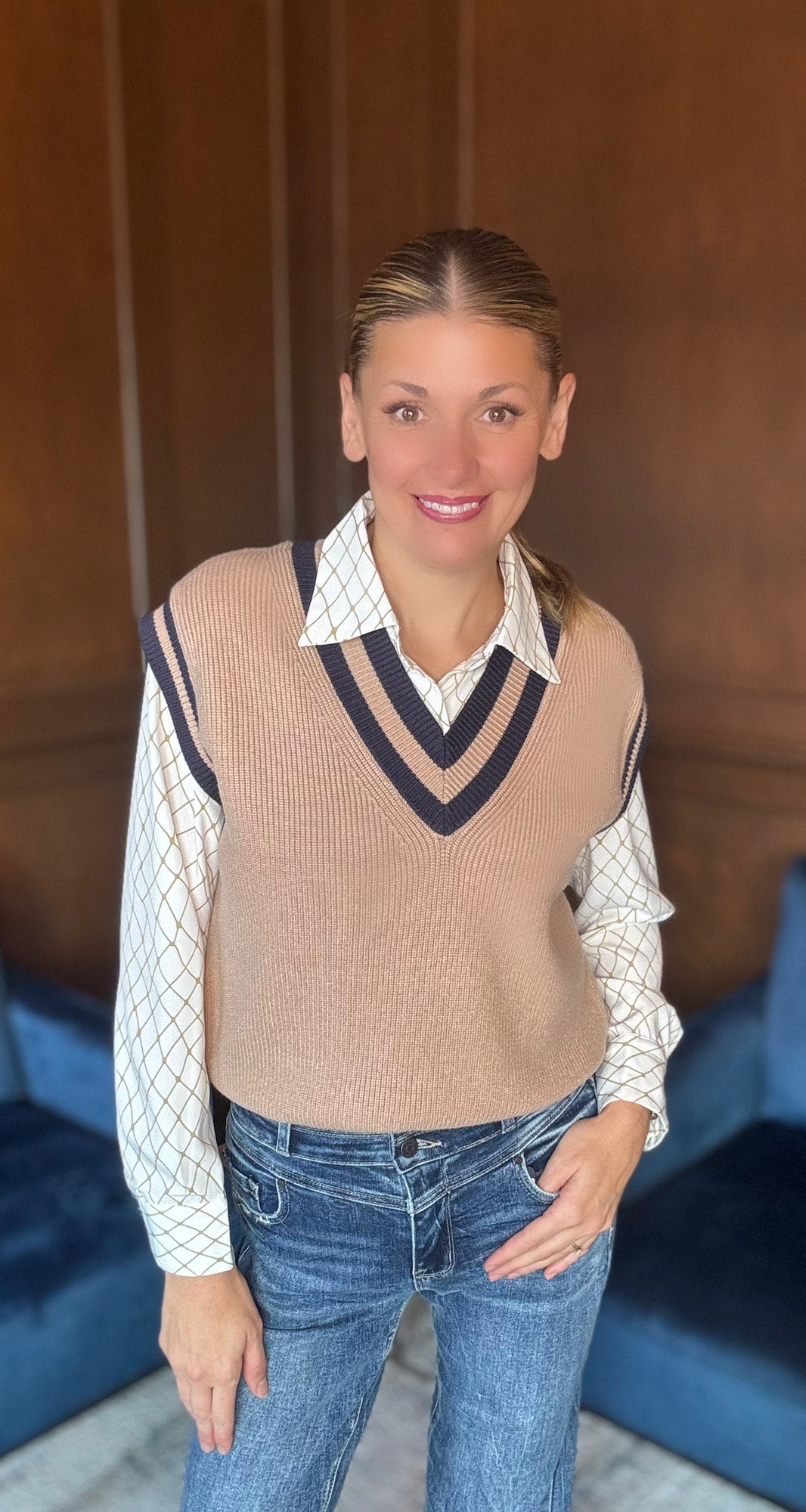Phoebe Varsity V-Neck Sweater Vest – Chunky Knit