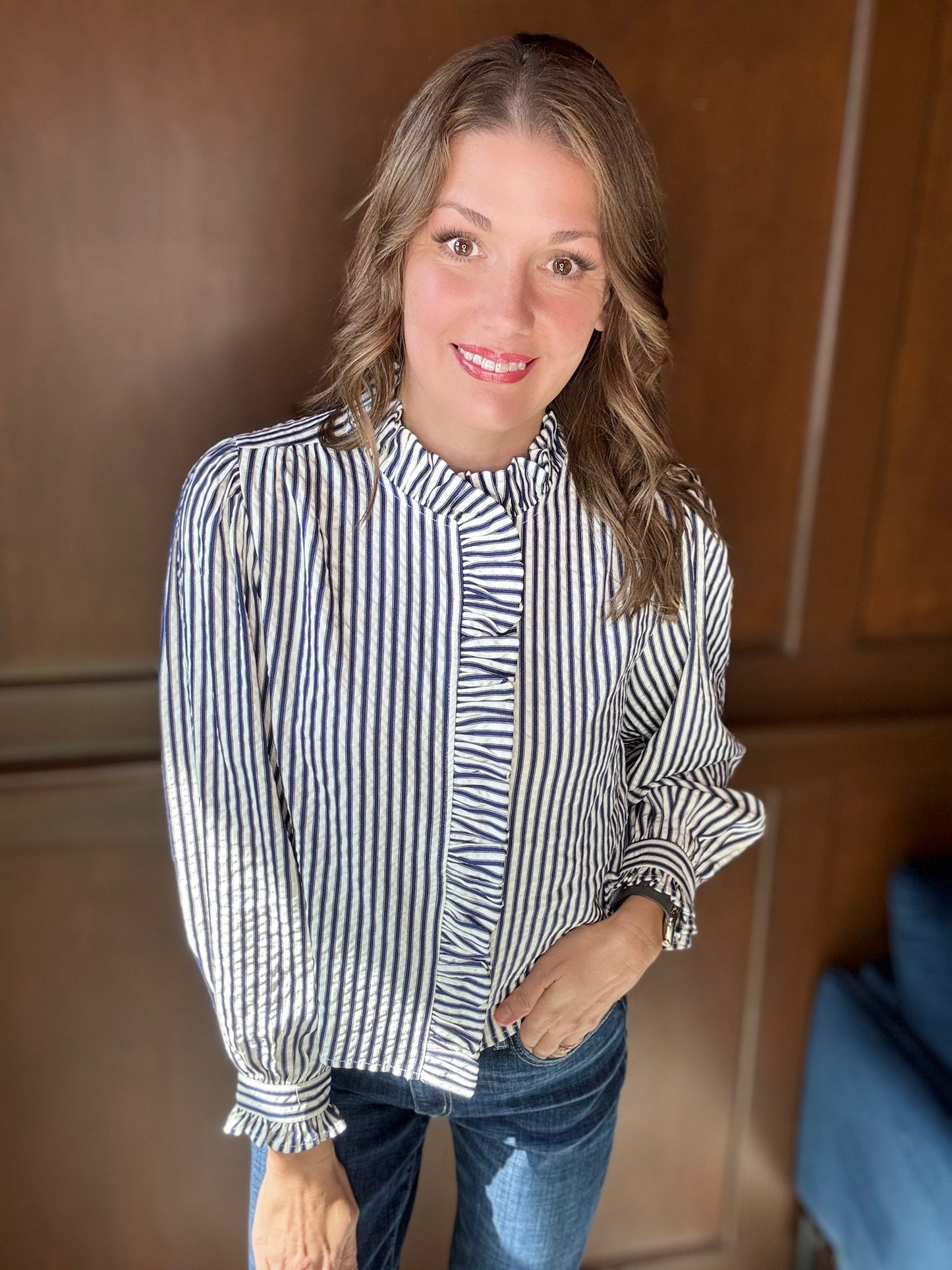 Halle Striped Ruffled Button Down Blouse | Long Sleeve Feminine Top