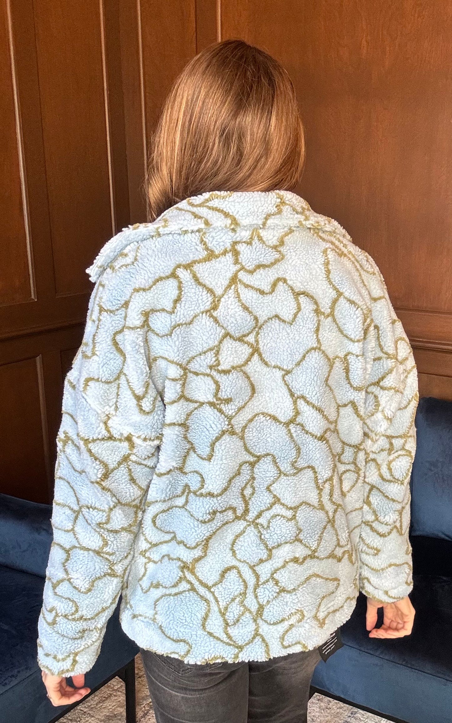Calissa Printed Teddy Jacket – Cozy Blue & Green Statement Outerwear