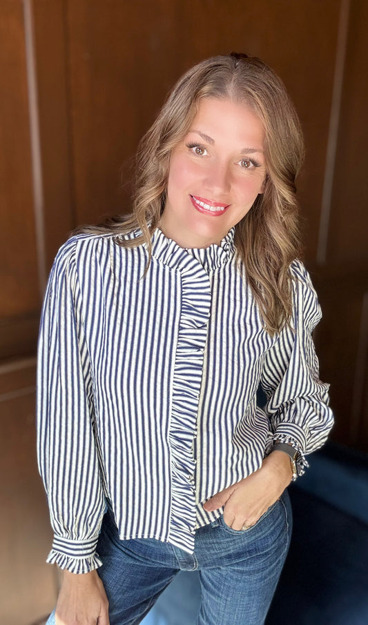 Halle Striped Ruffled Button Down Blouse | Long Sleeve Feminine Top