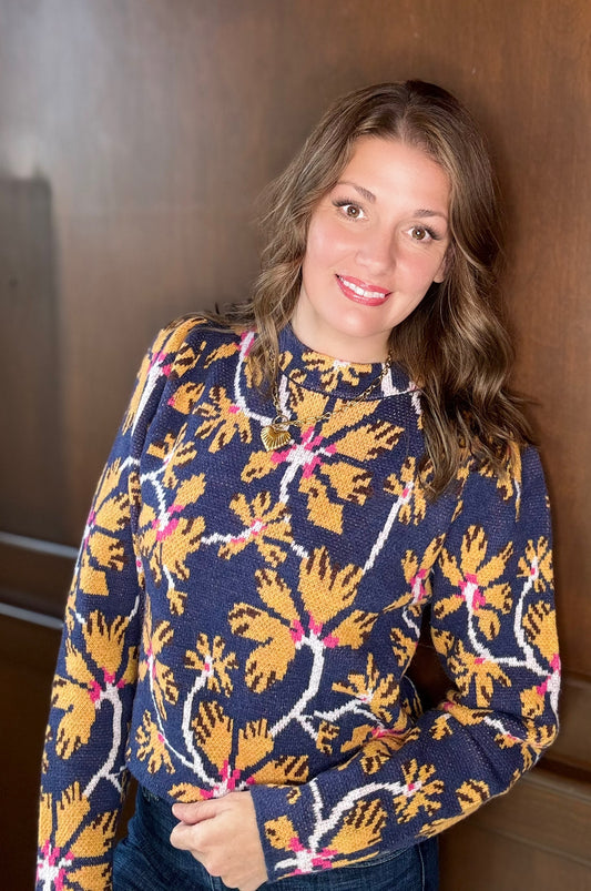 Henny Floral Mock Neck Sweater | Feminine Knit Pullover Top