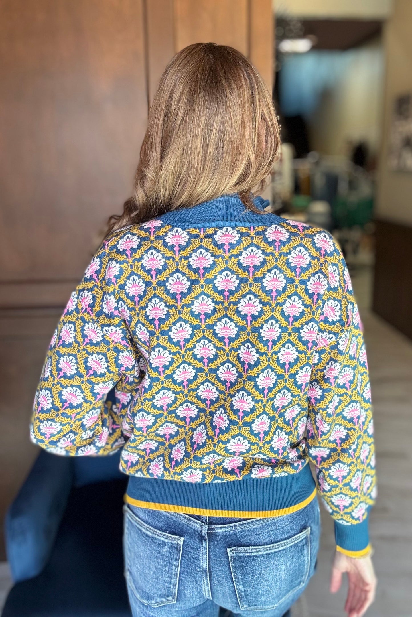 Hazelle Floral Knit Mock Neck Half Zip Pullover Sweater | Vintage Inspired