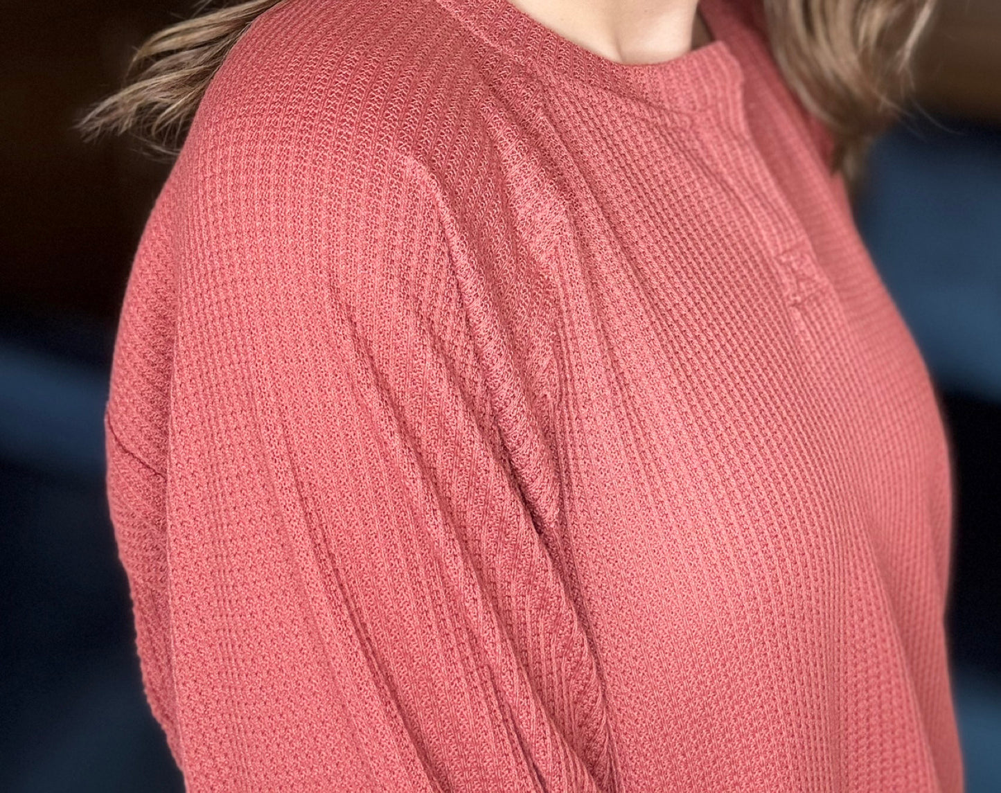 Regina Waffled Raglan Henley Long Sleeve Top