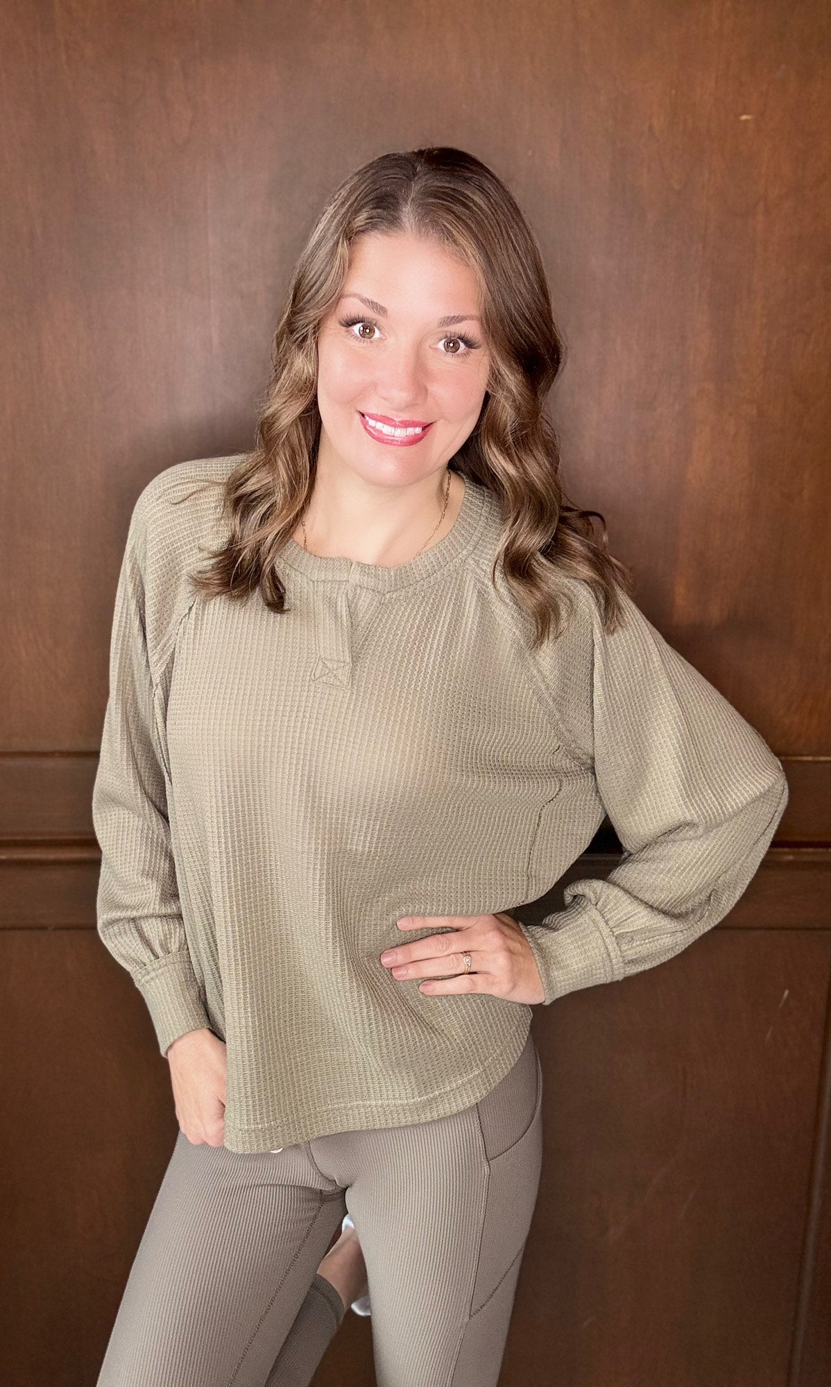 Regina Waffled Raglan Henley Long Sleeve Top
