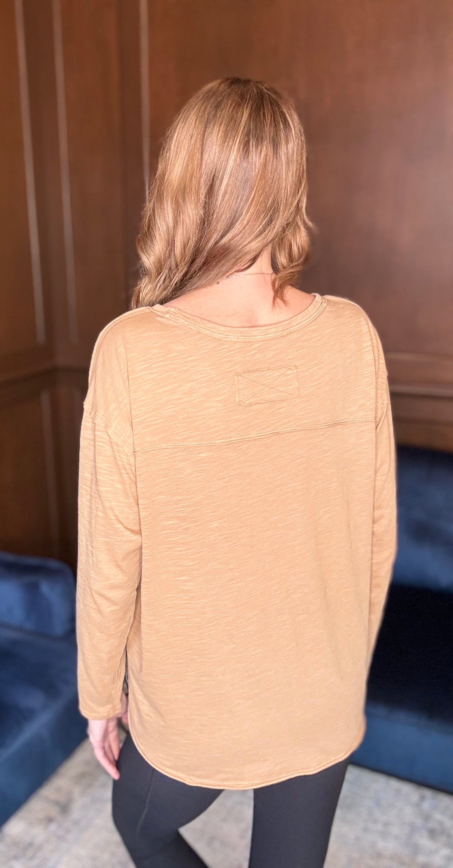 Archie Mineral Washed Long Sleeve Top – Soft Round Neck Pocket Tee