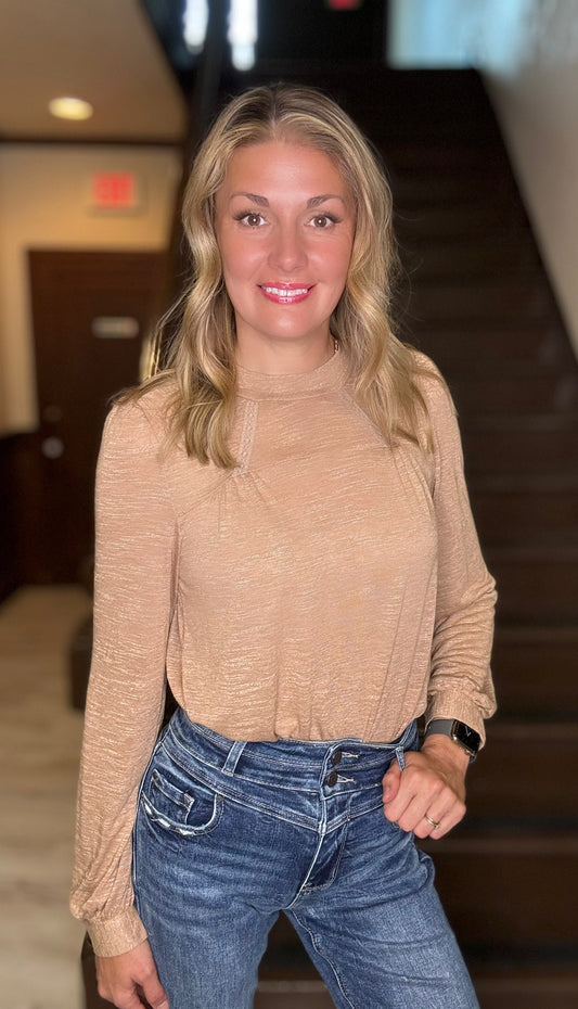 Libby lace trim long sleeve top with textured detail in neutral tone