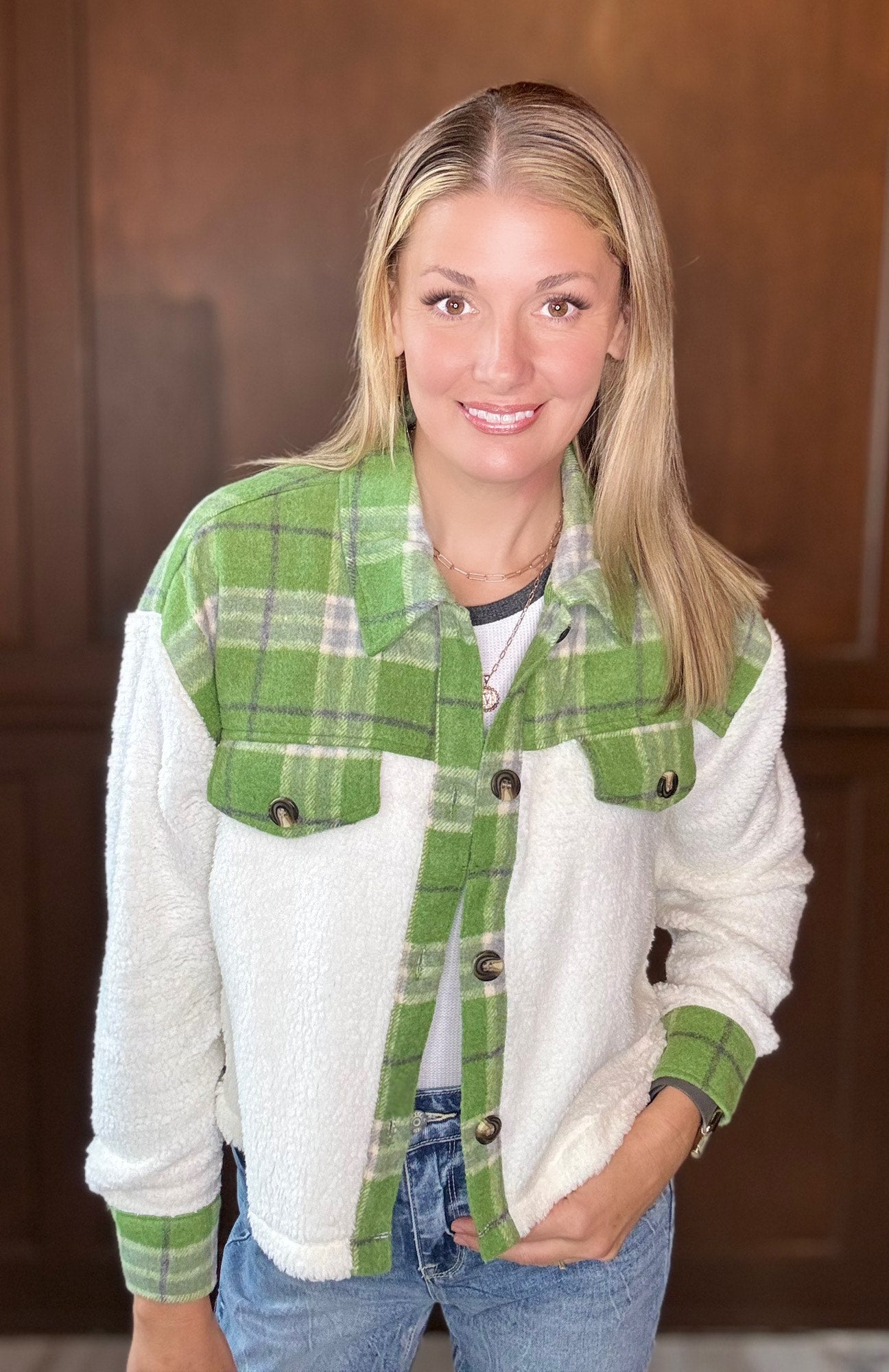 April Faux Fur Plaid Mixed Shacket – Cozy Fall Layering Jacket