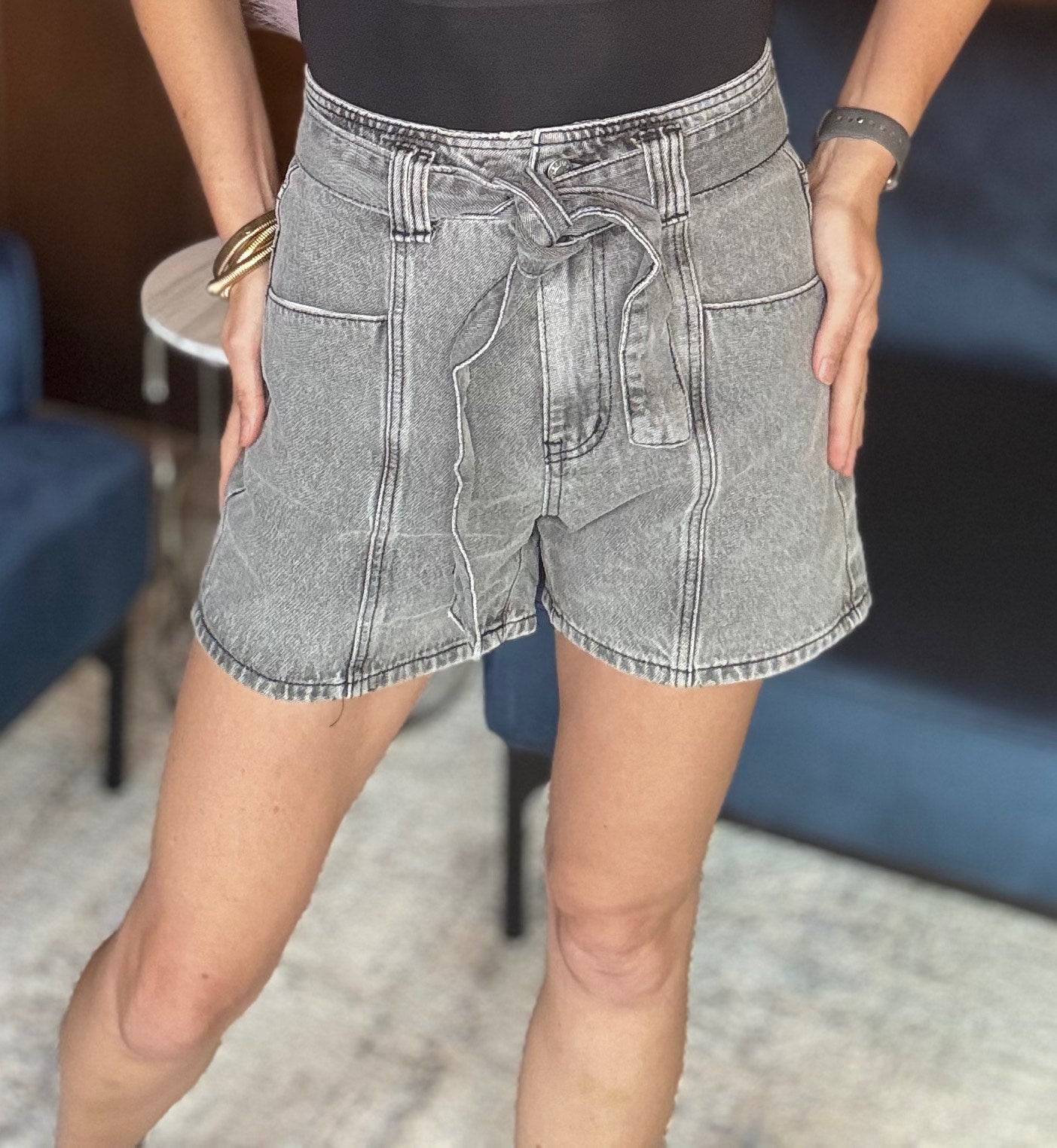 Val Grey Belted Denim Shorts
