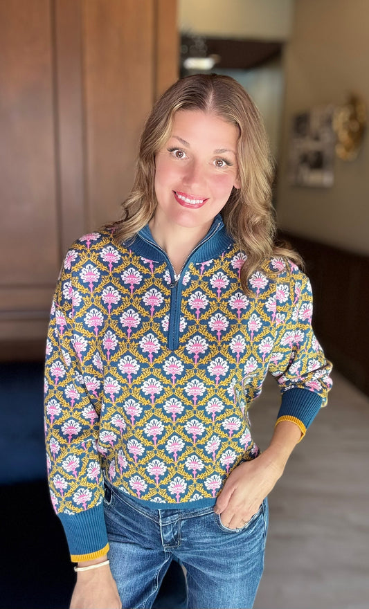 Hazelle Floral Knit Mock Neck Half Zip Pullover Sweater | Vintage Inspired