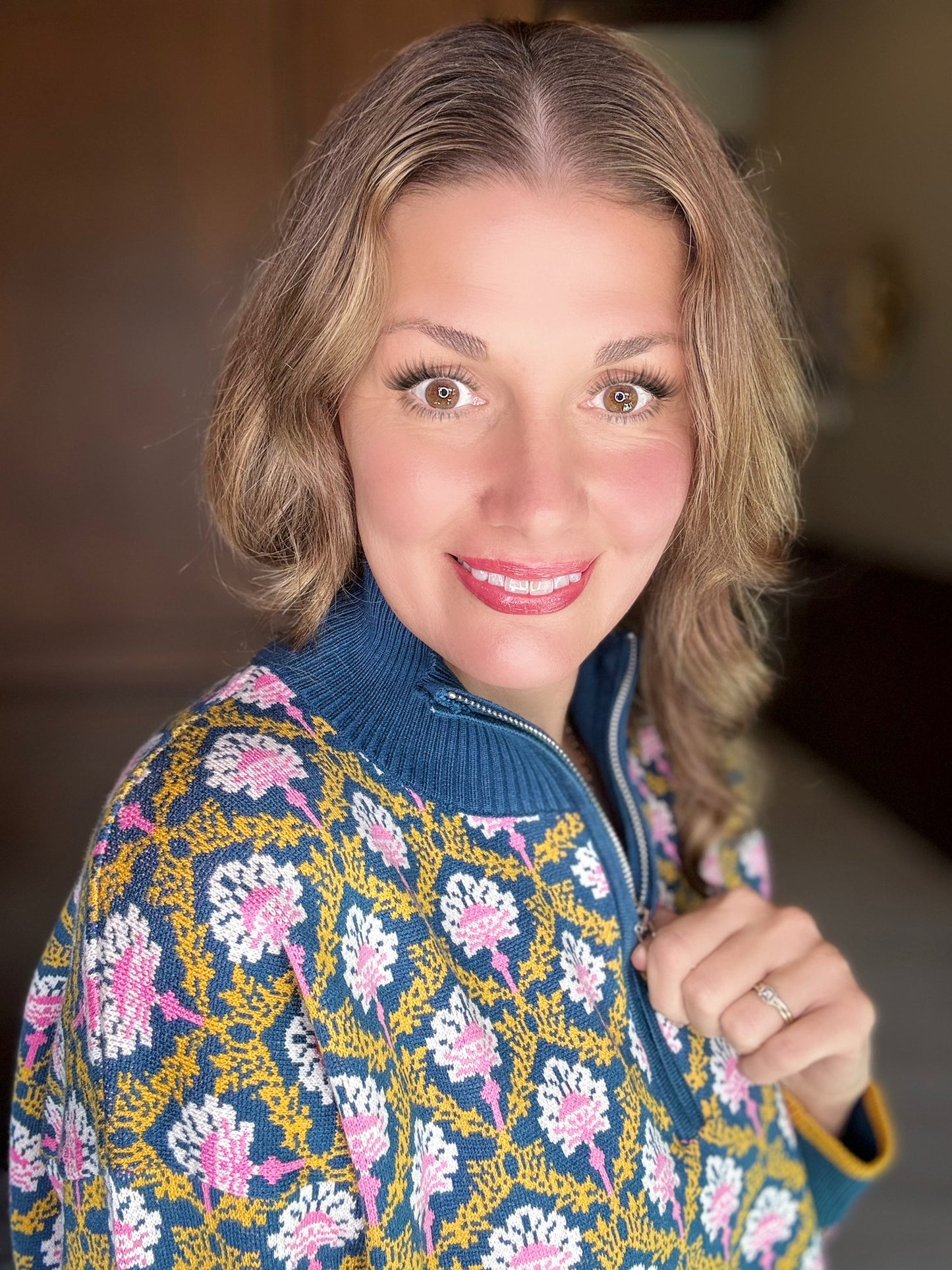 Hazelle Floral Knit Mock Neck Half Zip Pullover Sweater | Vintage Inspired