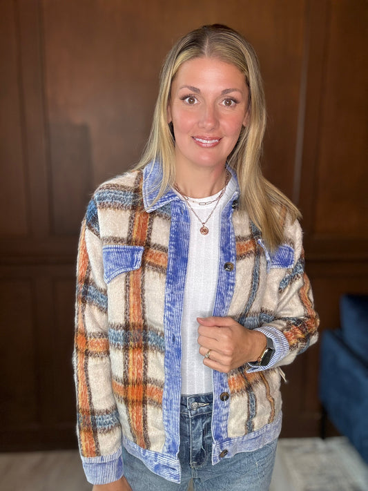 Brooks Plaid Fleece Jacket with Corduroy Contrast