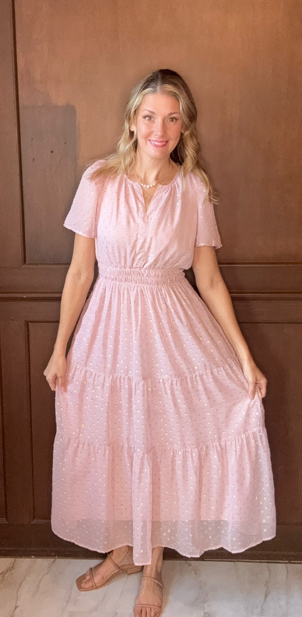 Sophia Blush Metallic Dot Tiered Midi Dress – Feminine Occasion Wear