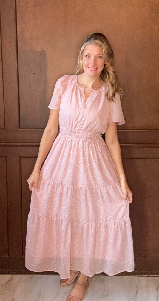 Sophia Blush Metallic Dot Tiered Midi Dress – Feminine Occasion Wear