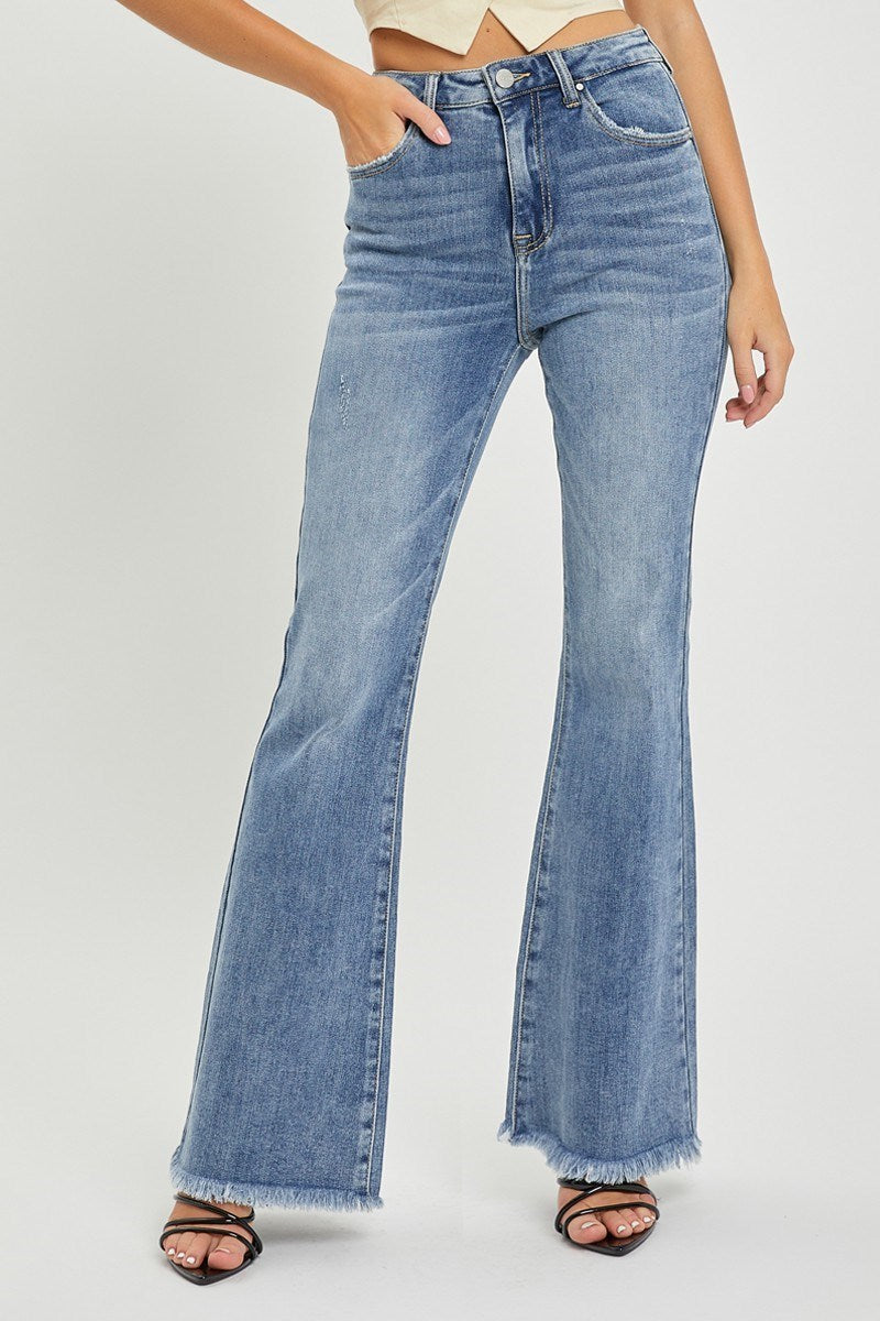 Wynona High Rise Vintage Frayed Hem Flare Jeans – Soft Stretch Denim