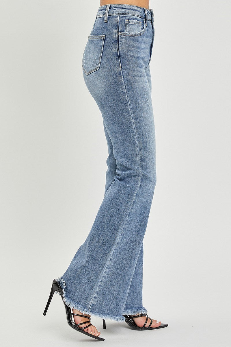 Wynona High Rise Vintage Frayed Hem Flare Jeans – Soft Stretch Denim