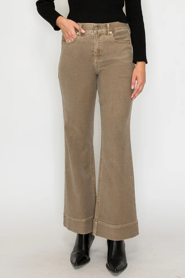 Aurelia Tummy Control High Rise Flare Pants – Khaki Wash Denim