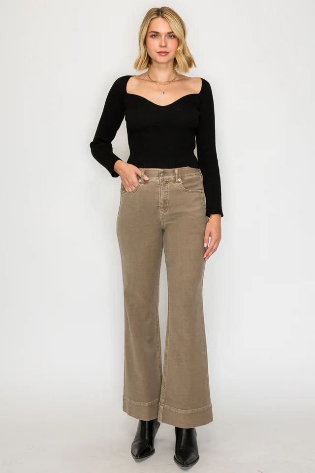 Aurelia Tummy Control High Rise Flare Pants – Khaki Wash Denim