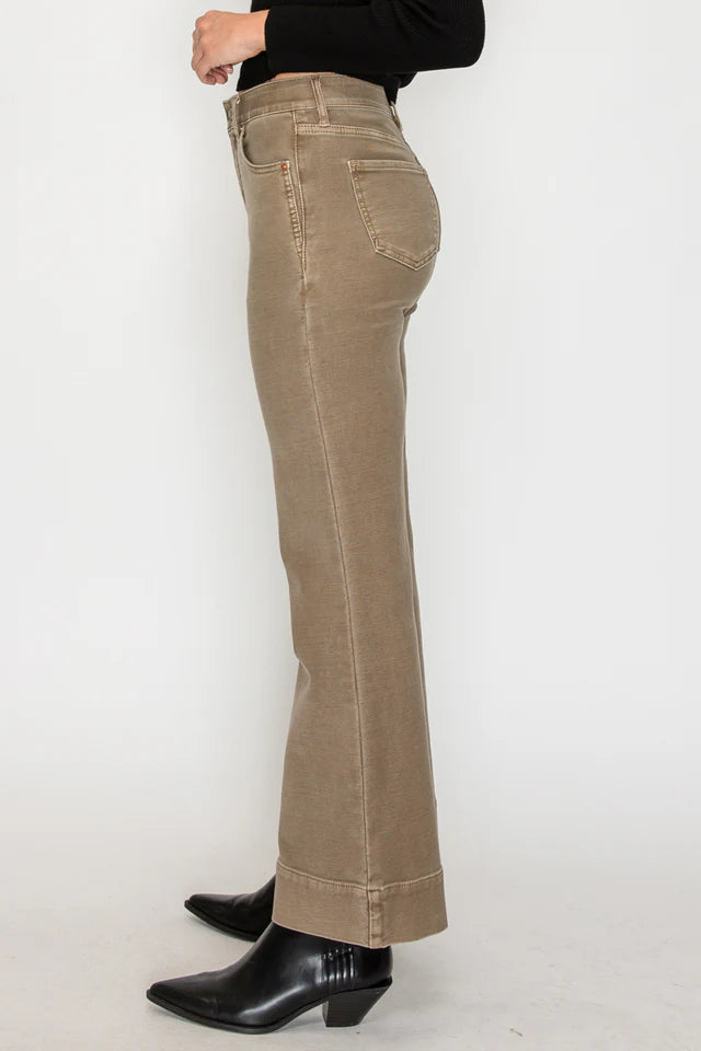 Aurelia Tummy Control High Rise Flare Pants – Khaki Wash Denim