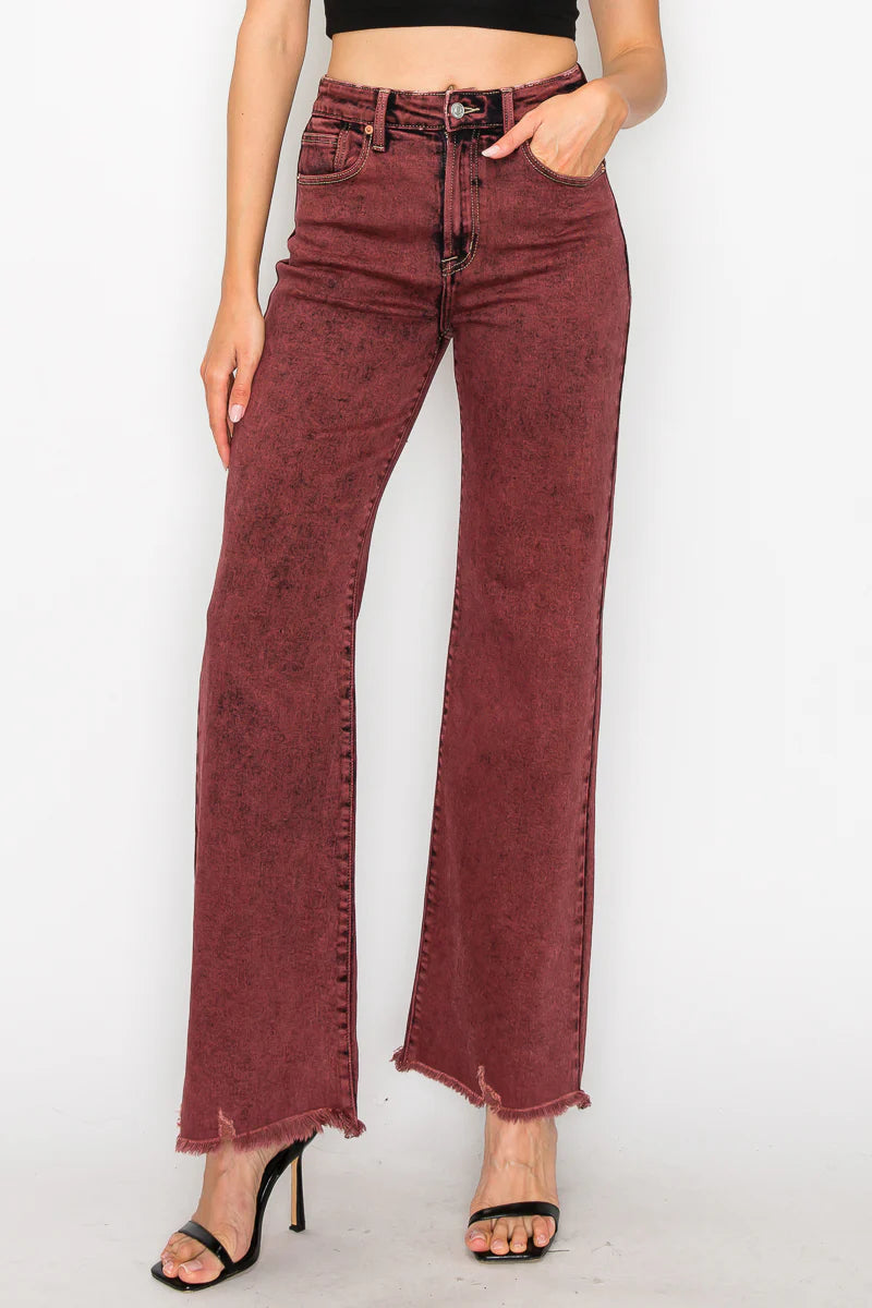 Mulberry Tummy Control Burgundy High Rise Flare Jeans – Stretch Denim