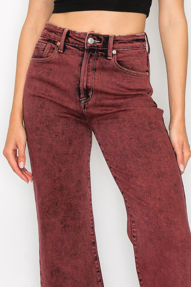 Mulberry Tummy Control Burgundy High Rise Flare Jeans – Stretch Denim