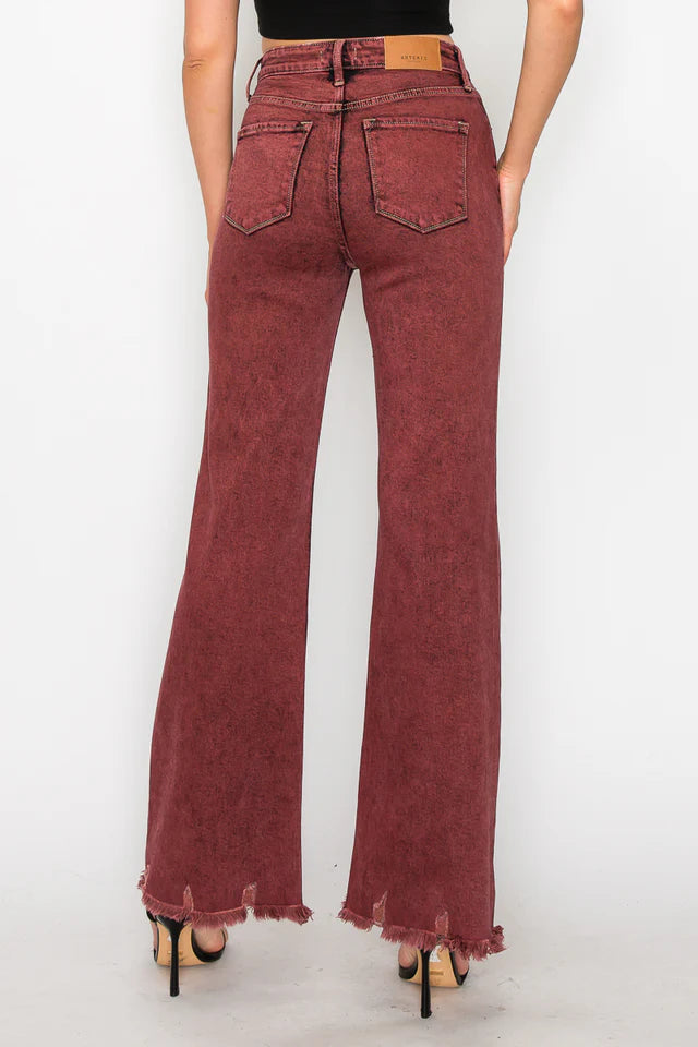 Mulberry Tummy Control Burgundy High Rise Flare Jeans – Stretch Denim