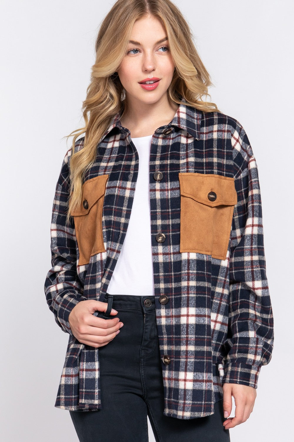Allison Suede Pocket Plaid Shacket – Budget-Friendly Fall Layering Piece