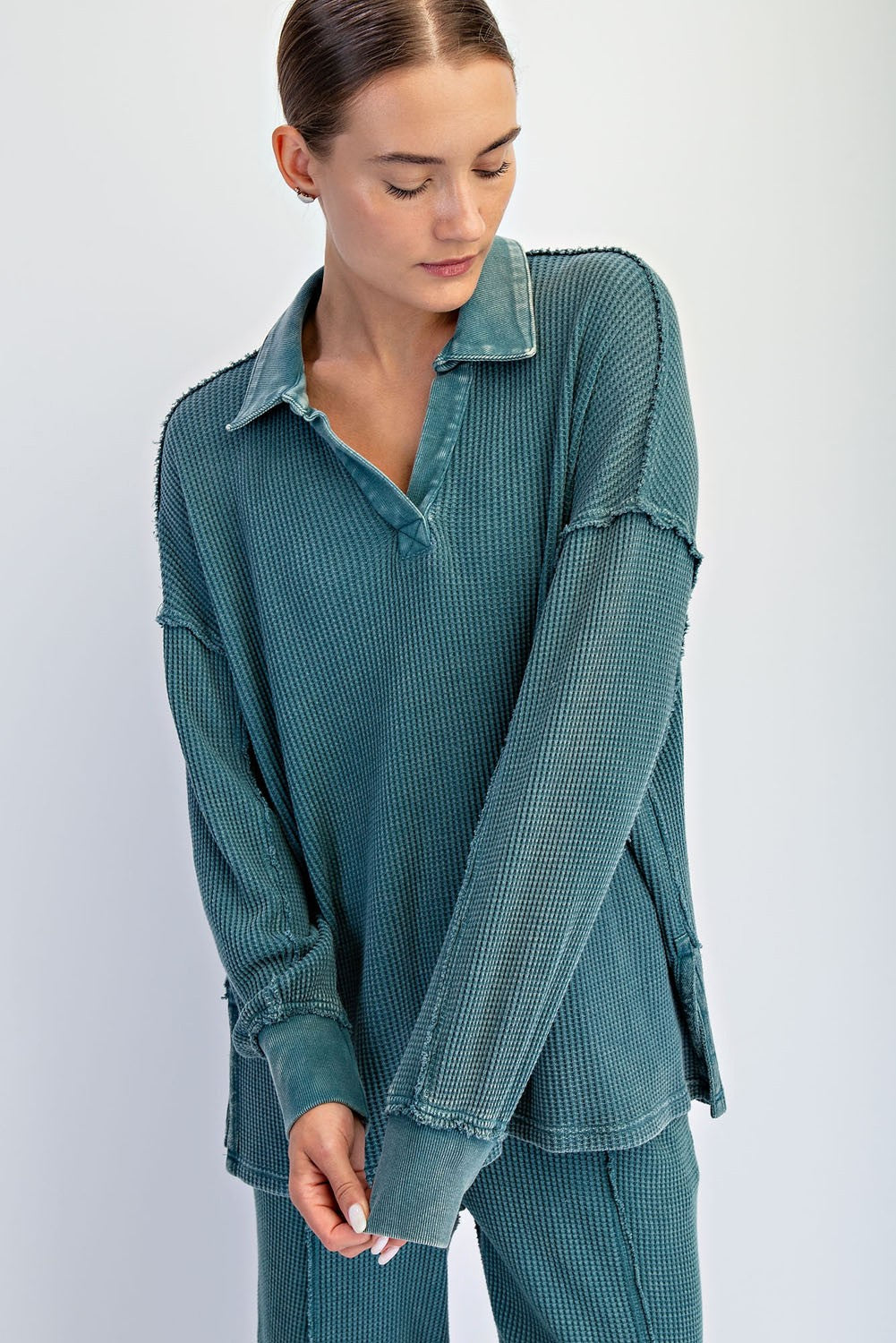 Reece Mineral Washed Waffle Collar Tunic – Oversized Long Sleeve Polo Top