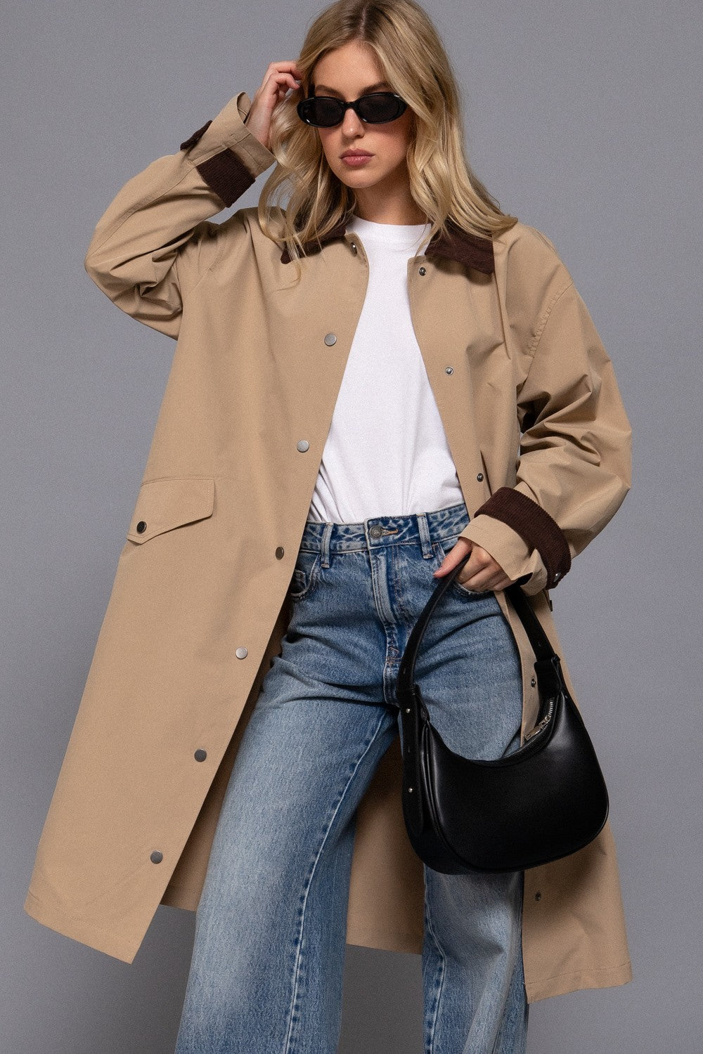 Canyon Contrast Collar Snap Button Long Trench Coat – Khaki