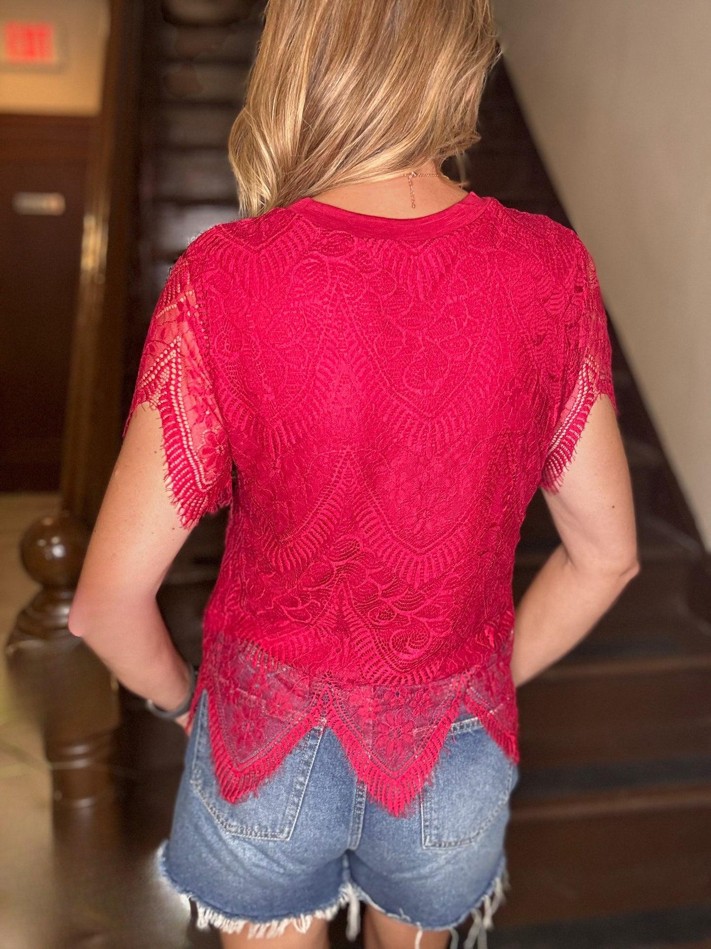 Sheer lace overlay top with matching cami and scalloped fringe
