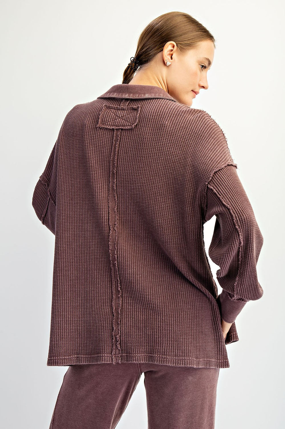 Reece Mineral Washed Waffle Collar Tunic – Oversized Long Sleeve Polo Top