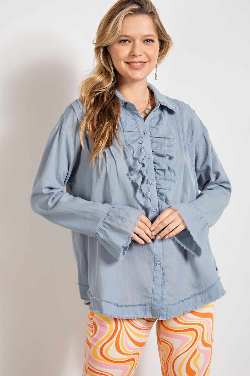 Calla Ruffle Detail Button Down Top – Denim Blue