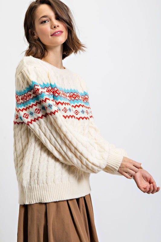 Retro Inspired Cable Knit Sweater – Winter White/Cream