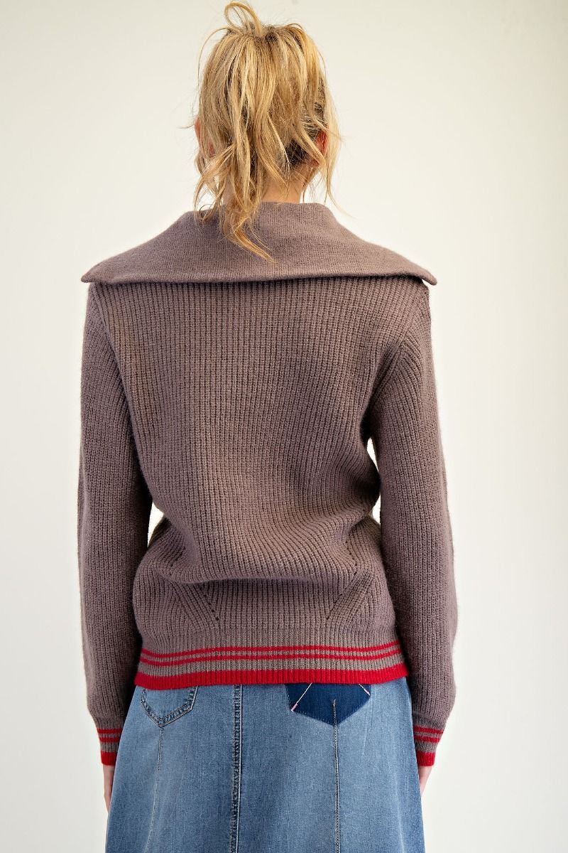 Astraea Zipper Front Knit Sweater – Mocha with Red Accents