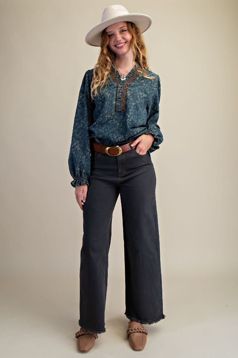Fable Jacquard Denim Blouse with Floral Print